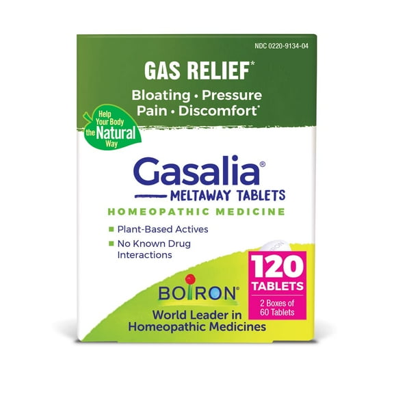 Boiron Gasalia Tablets, Homeopathic Medicine for Gas Relief, Pain, Bloating, Pressure, Discomfort, 2 x 60 Quick-Dissolving Tablets Twin Pack