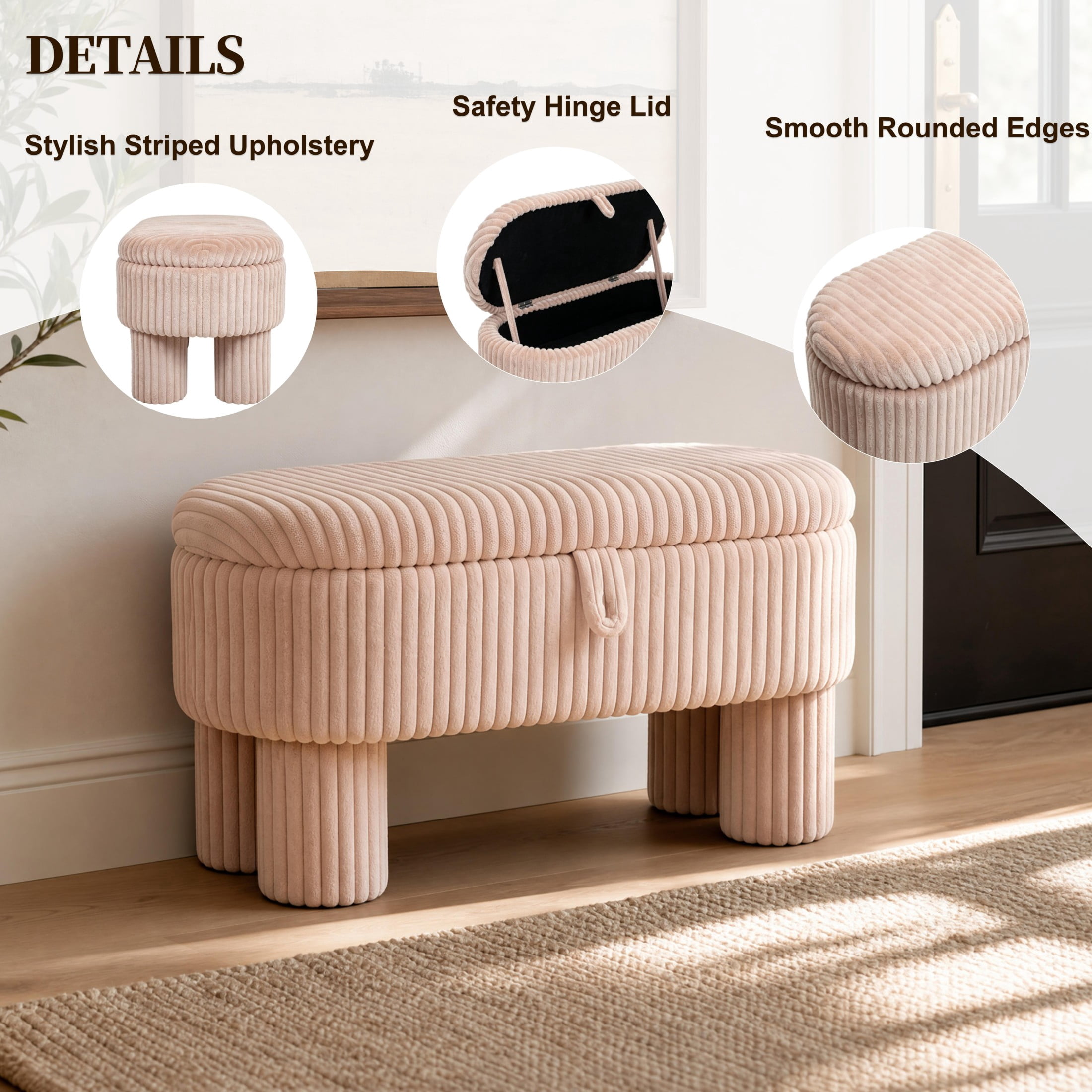 Christopher Knight Home 43" Modern Ottoman Bench, Corduroy Upholstery with Hidden Storage, Pink