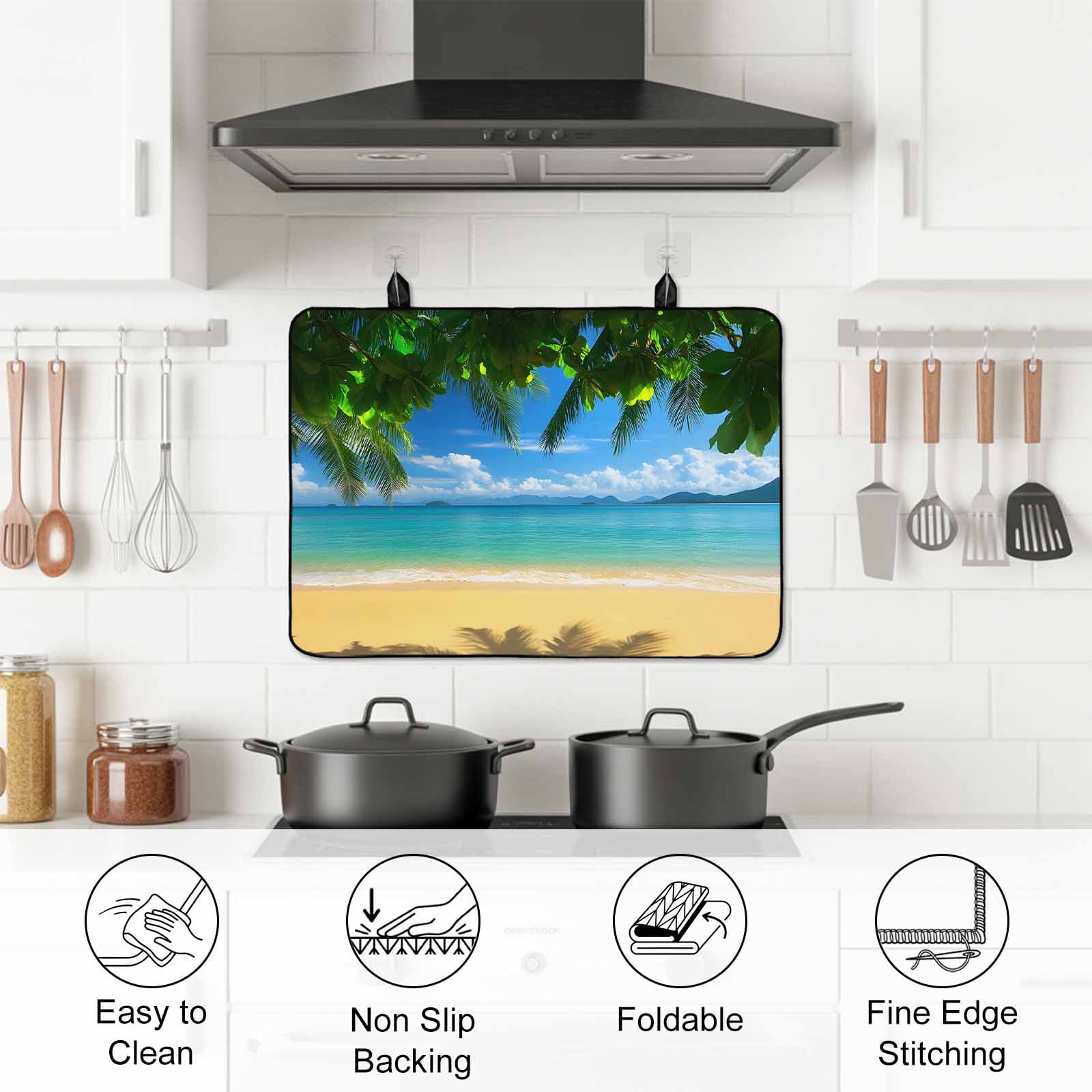 Ocean Beach Stove Top Cover for Electric Stove, Heat-proof & Non Slip Glass Top Stove Cover Protector, Blue Sea Shoreline Coconut Coastal Palm Tree Kitchen Flat Cooktop Rubber Mat 24x21 Inches