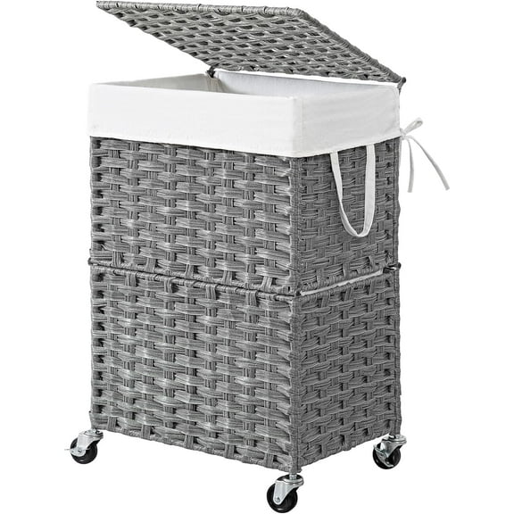 90L Slim Laundry Hamper with Wheels, Wicker Rolling Laundry Basket with Lid and Renovable Liner Bag, Handwoven Rattan Organizer for bedroom, bathroom, laundry room (Grey)