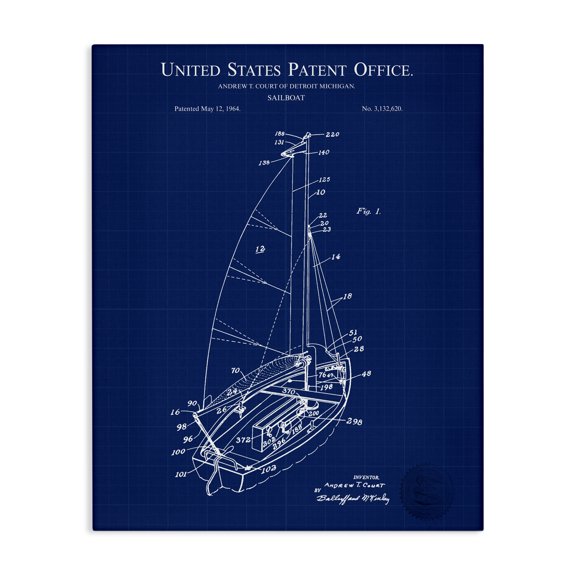 Stupell Industries Shabby Chic Sailboat Watercraft Blue Patent Office Diagram Blueprint Canvas Art, 16 x 20, by Karl Hronek