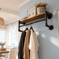 Black 27 Inch Wall Mounted Industrial Iron Clothes Rack with Solid Wood ...