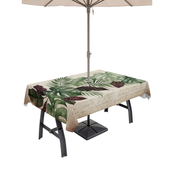 60x84 Inch Outdoor Tablecloth with Umbrella Hole Zipper Rectangle Summer Palm Leaves Rectangular Tablecloths Waterproof Tropical Botanical Farmhouse Vintage Patio Table Cloth Cover for Picnic Party