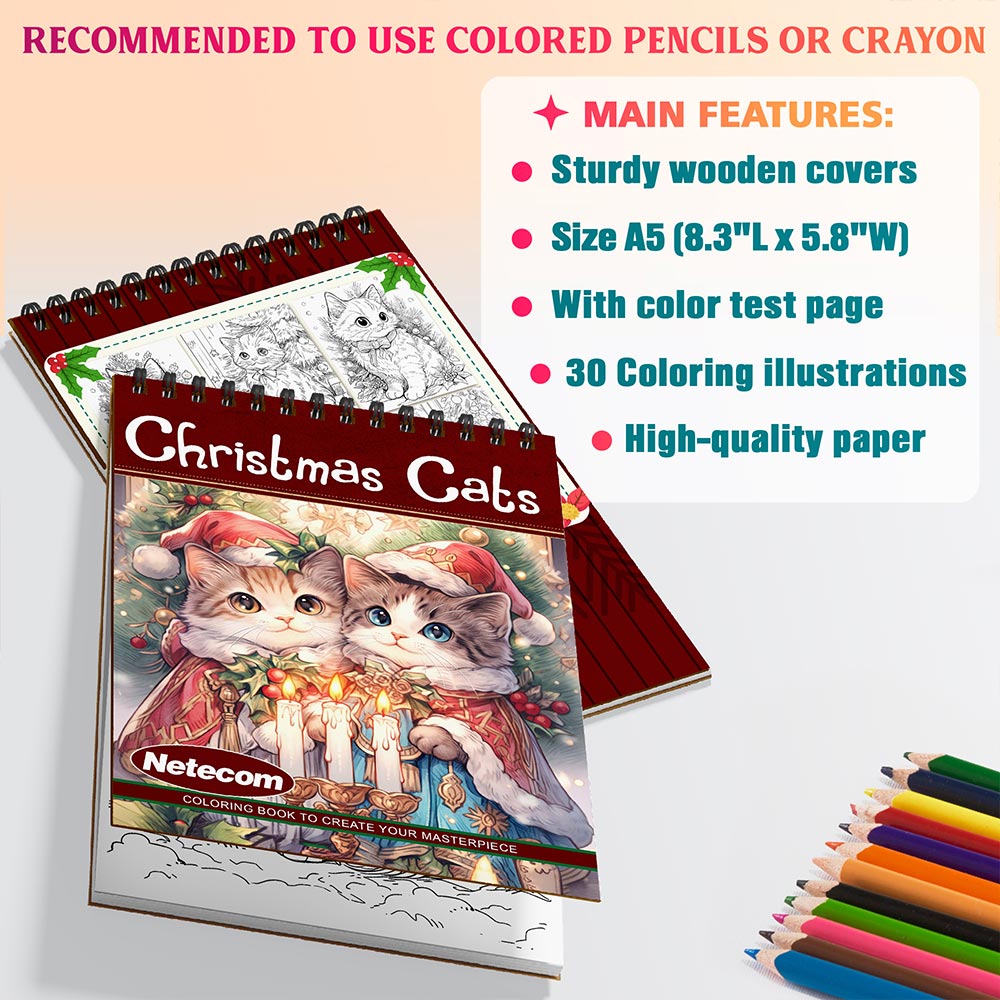 Netecom Christmas Cats Coloring Book Spiral Bound For Adults, A5 Wooden Cover, 30 Cute Coloring Pages of Adorable Cats for Stress Relief and Relaxation