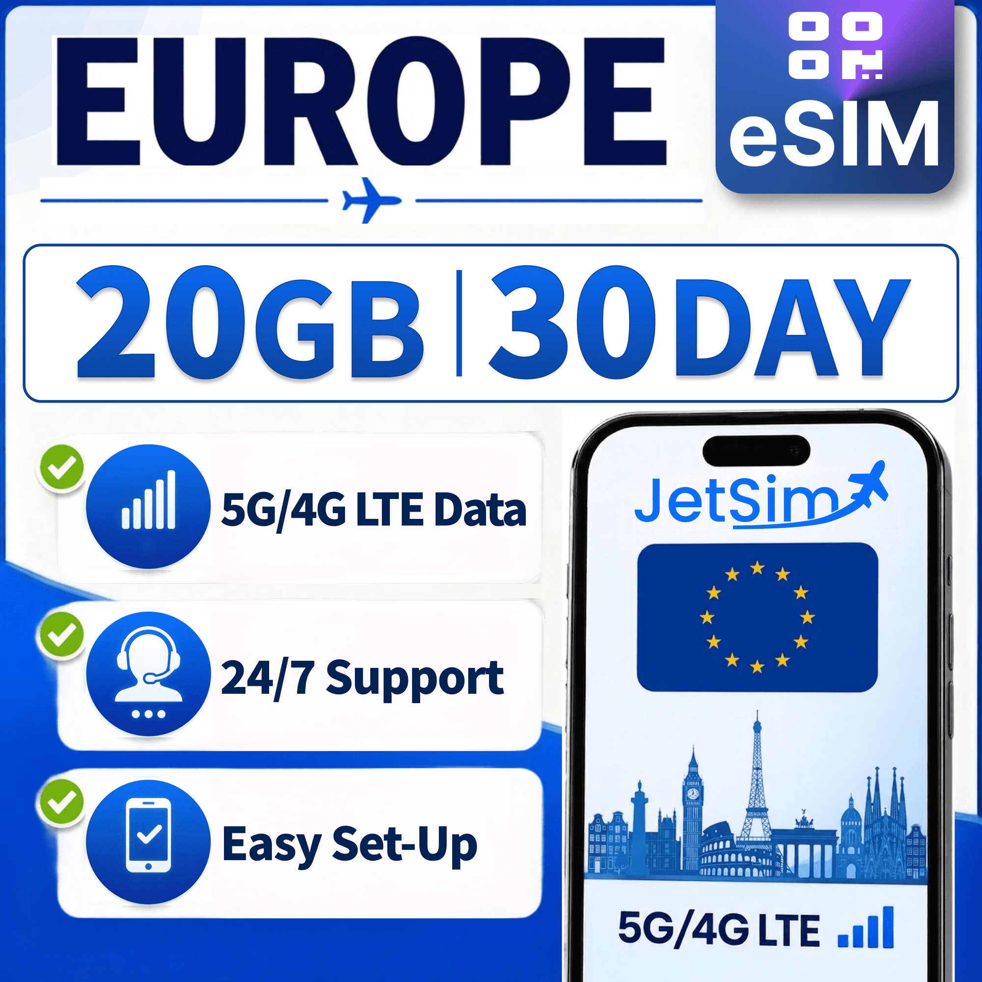 JetSim Bring Your Own Phone eSIM SIM Card Kit for Europe (France, Italy, Spain, More)- Activation Required