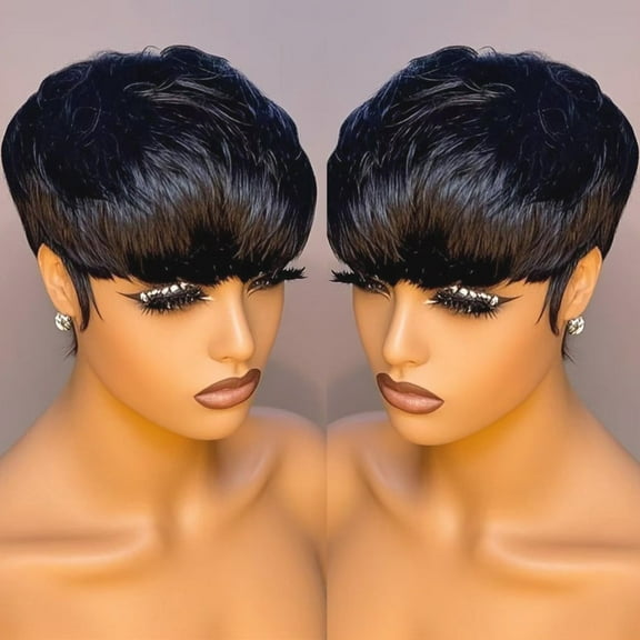 Short Wig Human Hair for Black Women Pixie Cut wigs 100% Human Hair Glueless Wig None Lace Front Wig with Bangs Straight Full Machine Made Short Layered for daily use 1B, Natural Black