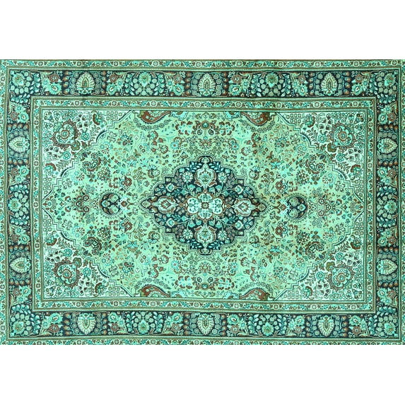Ahgly Company Machine Washable Indoor Rectangle Medallion Turquoise Blue Traditional Area Rugs, 8' x 10'