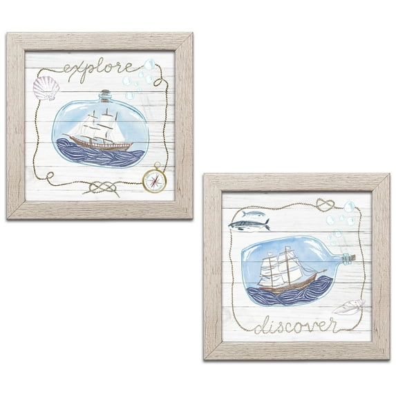 Gango Home Decor Contemporary Ship in a Bottle Discover & Explore Shiplap by Sara Zieve Miller (Ready to Hang); Two 12x12in Distressed Framed Prints