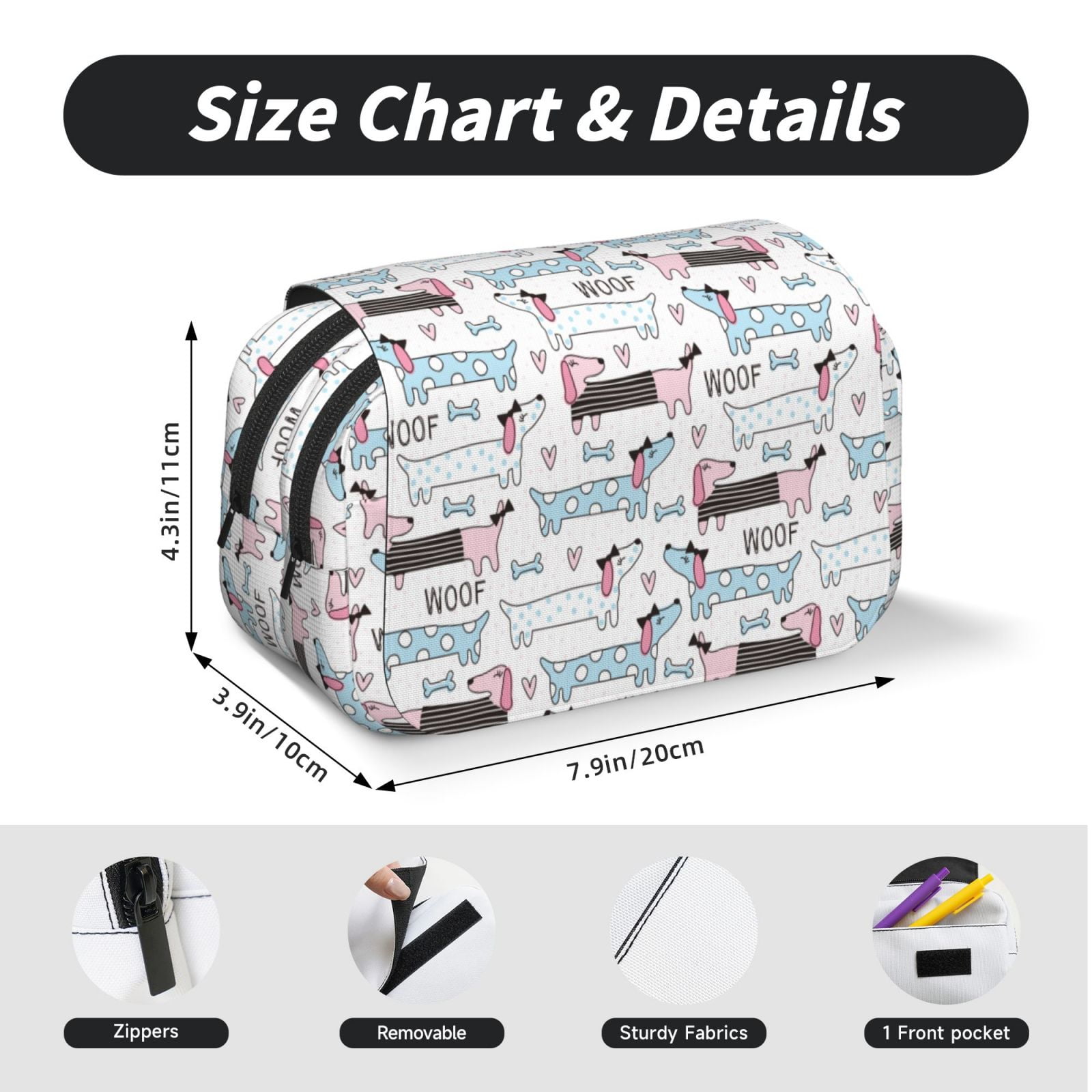 Rateoe Dachshund Dog Puppy Pattern Double Clamshell Pen Case, Storage Organizer with Two Zipper Compartments– Holds Up to 50 Pencils & Pens