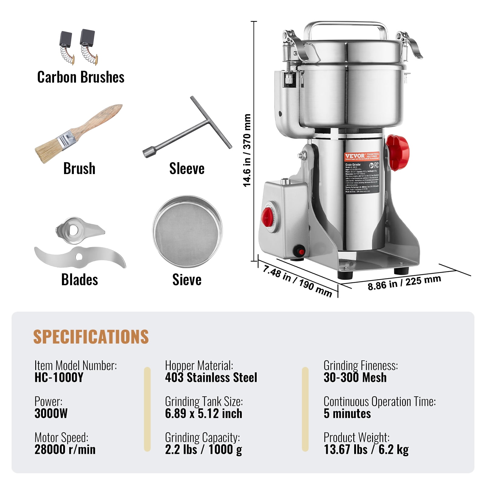 VEVOR Electric Grain Mill Grinder,  1000g High Speed 3000W Commercial Spice Grinders, Stainless Steel Pulverizer Powder Machine, for Dry Cereals Coffee Corn Pepper, Swing Type