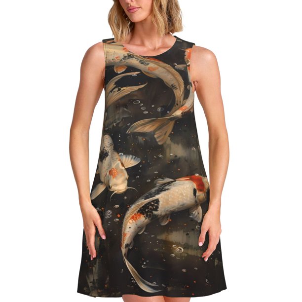 Fotbe Koi Fish Tranquility Vestido de Verano sin Mangas para Mujer – Vestido Midi Línea A, Estilo Camiseta Floral, Vestido Playero Casual y Fluido