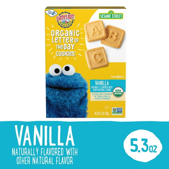 (2 Pack) Earth's Best Organic Cookies, Toddler Snacks, Very Vanilla, Sesame Street Letter of the Day, 5.3 Ounce