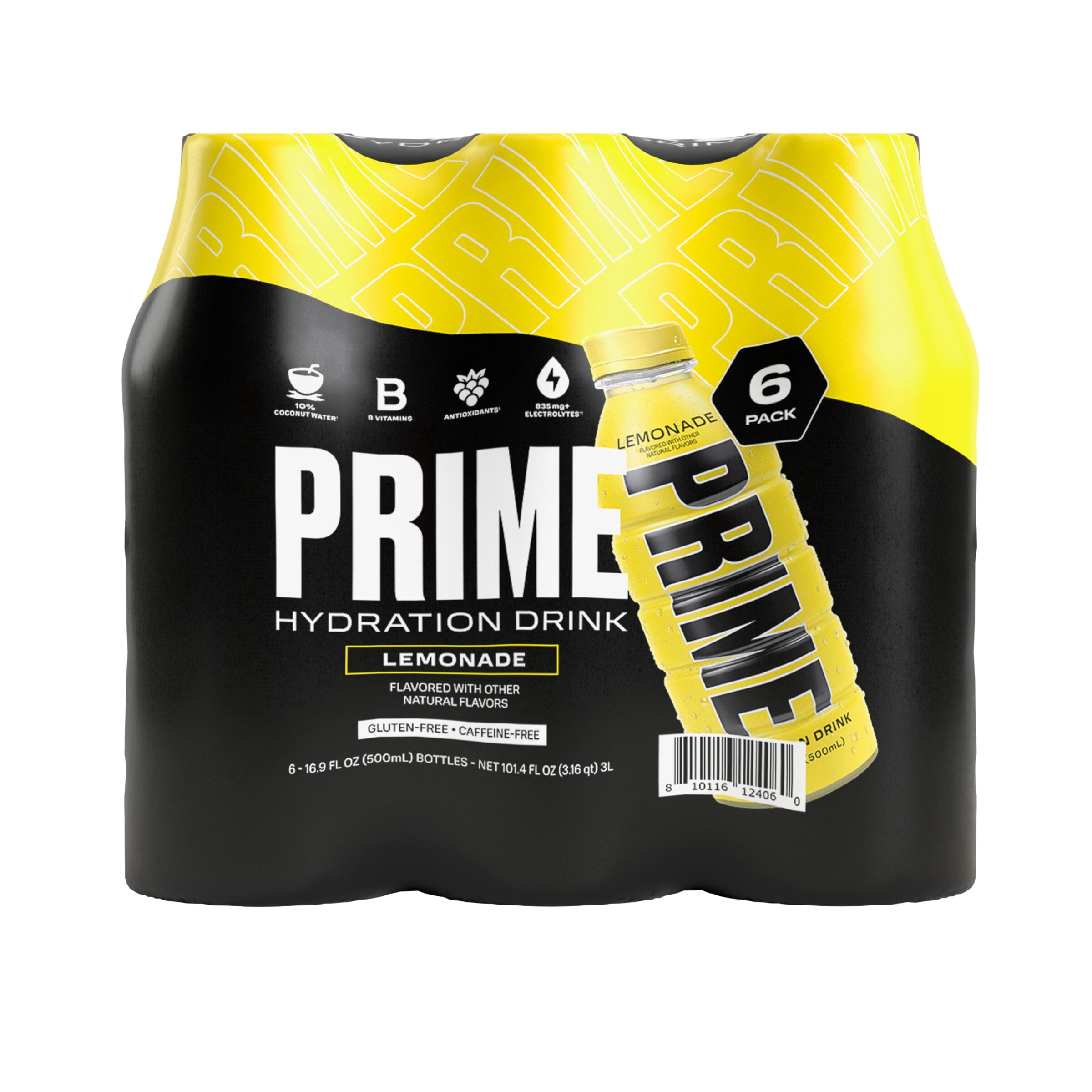 Prime Hydration Sports Drink, Lemonade, 16.9 fl oz, 6 Pack, Bottles