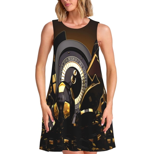 Fotbe Casino Cards Vestido de Verano sin Mangas para Mujer – Vestido Midi Línea A, Estilo Camiseta Floral, Vestido Playero Casual y Fluido