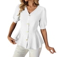 thumbnail image 3 of Ashirexll Tops for Women Trendy Fashion Casual Solid Color V-Neck Buttoned Short Sleeve Top for Spring, 3 of 7