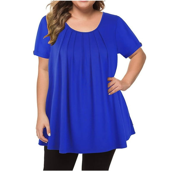 JeashCHAT Women's Plus Size Tunic Tops Solid Color Casual T Shirts V Neck Short Sleeve Crewneck Summer Casual Pleated Blouses