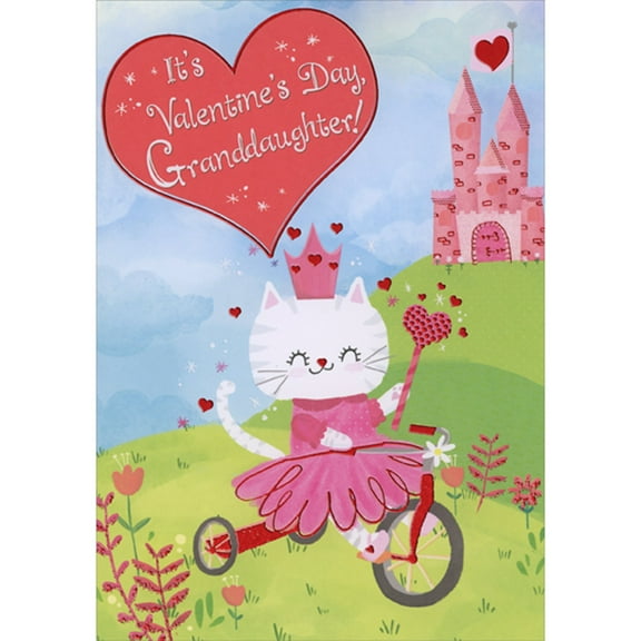 Designer Greetings Cute White Cat in Pink Dress Riding Tricycle in Front of Pink Castle Juvenile Valentine's Day Card for Granddaughter