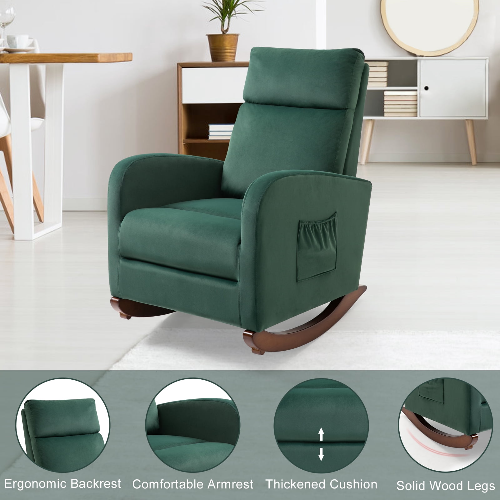 Homhum Mid-Century Nursery Rocking Chair, Upholstered Velvet High Back Arm Chair, Green