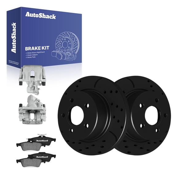AutoShack Rear Solid Drilled & Slotted E-Coated Brake Rotors Black Finish   Ceramic Pads   Calipers 8-PC Brake Kit Replacement for 2012-2018 Ford Focus NightGuard 10.66" (270.7 mm)
