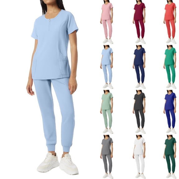 Minjewel Women's Round Neck Short Sleeve Scrubs for Women Set with Pockets, Classic & Comfortable Scrub Set for Nurses & Caregivers,Army Green L