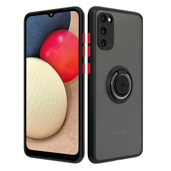 For Samsung Galaxy A02S / SM-A025 Impact Metal Ring Holder Stand Magnetic Car Mount Protective Hybrid Case Cover Black