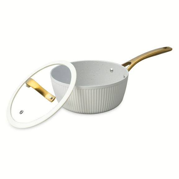 Thyme & Table 2.5 QT Non-Stick Signature Ribbed Saucepan - White & Gold