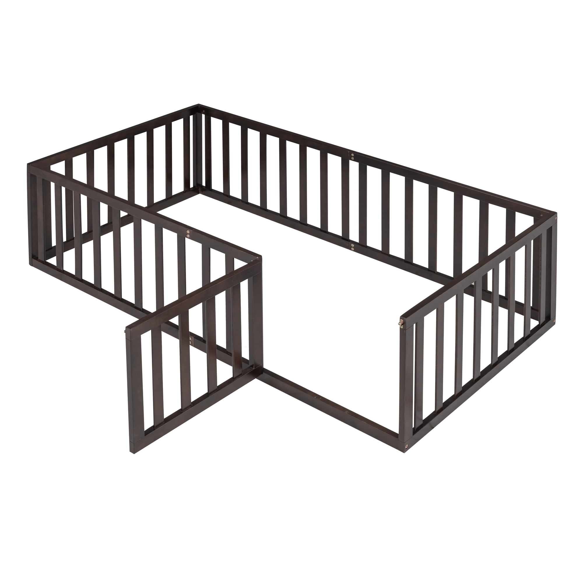 Mintazer Twin Floor Bed with Guardrails & Hinged Gate Door, Montessori Toddler Floor Bed Frame for Kids, Walnut