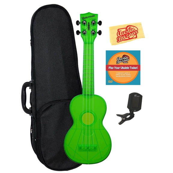 Kala KA-SWF-GN Waterman Soprano Ukulele - Fluorescent Green Gloss Bundle with Hard Case, Tuner, Austin Bazaar Instructional DVD, and Polishing Cloth