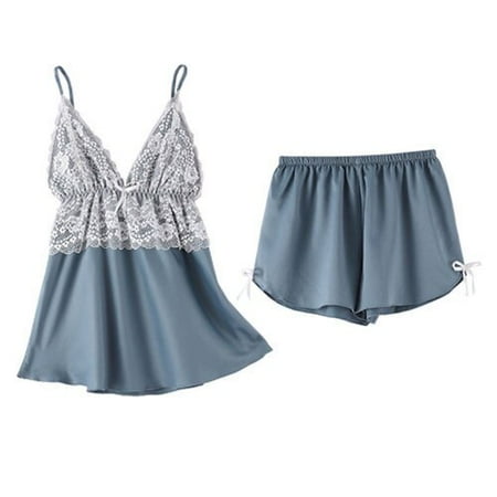 

PIKADINGNIS Pajamas Suit Satin Women Sexy Top&Shorts Silky Nightwear 2PCS SleepSet Lace Pyjamas Intimate Lingerie Home Cloth Bathrobe Pijama