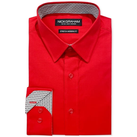 Nick Graham Mens Poplin Solid Button Down Dress Shirt, Red, 16-16.5