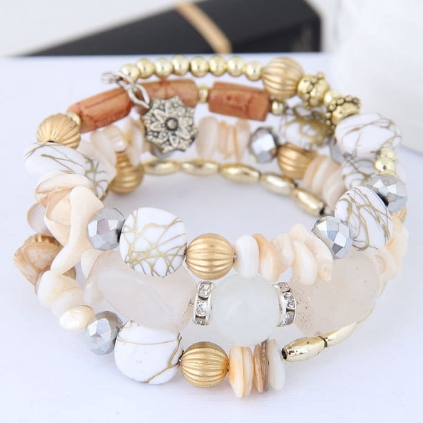 Nvzi Pulseras de cuentas irregulares multicapa con dijes de flores, estilo retro de verano, joyería étnica, color blanco
