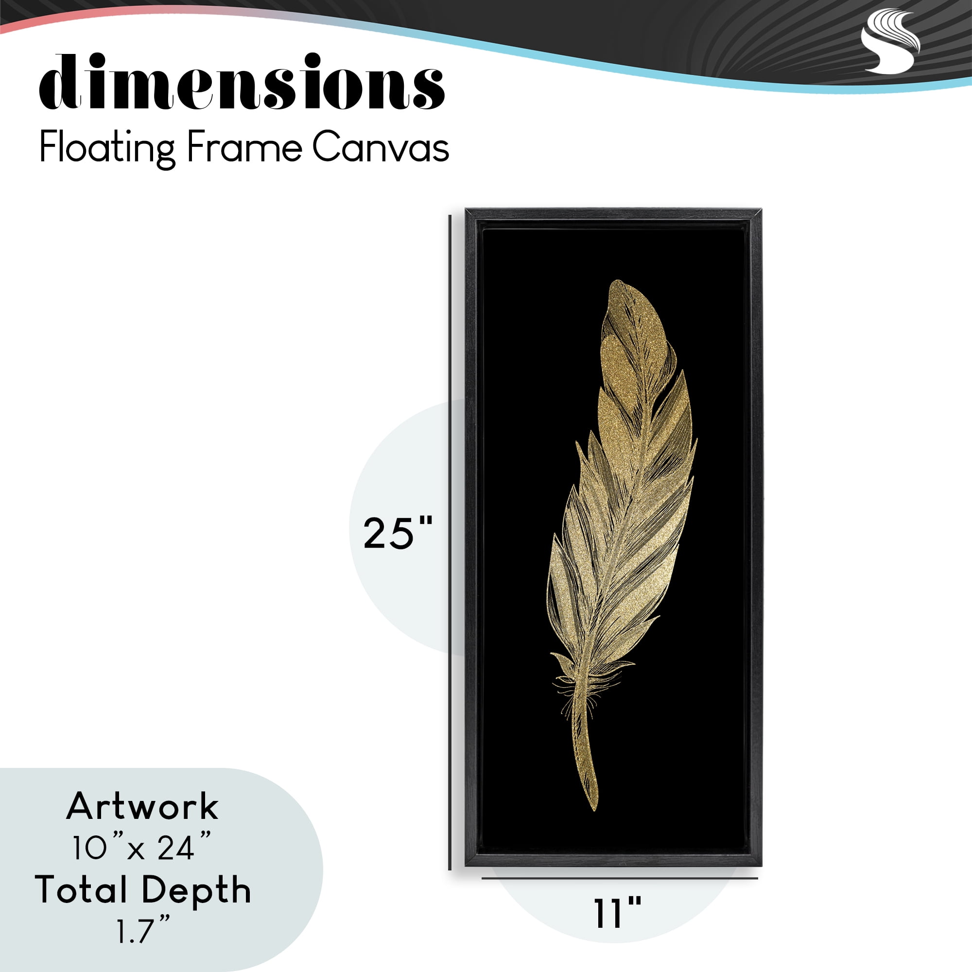 Glam Feather Black & Gold Black Framed Floater Canvas Wall Art, design by Kim Allen