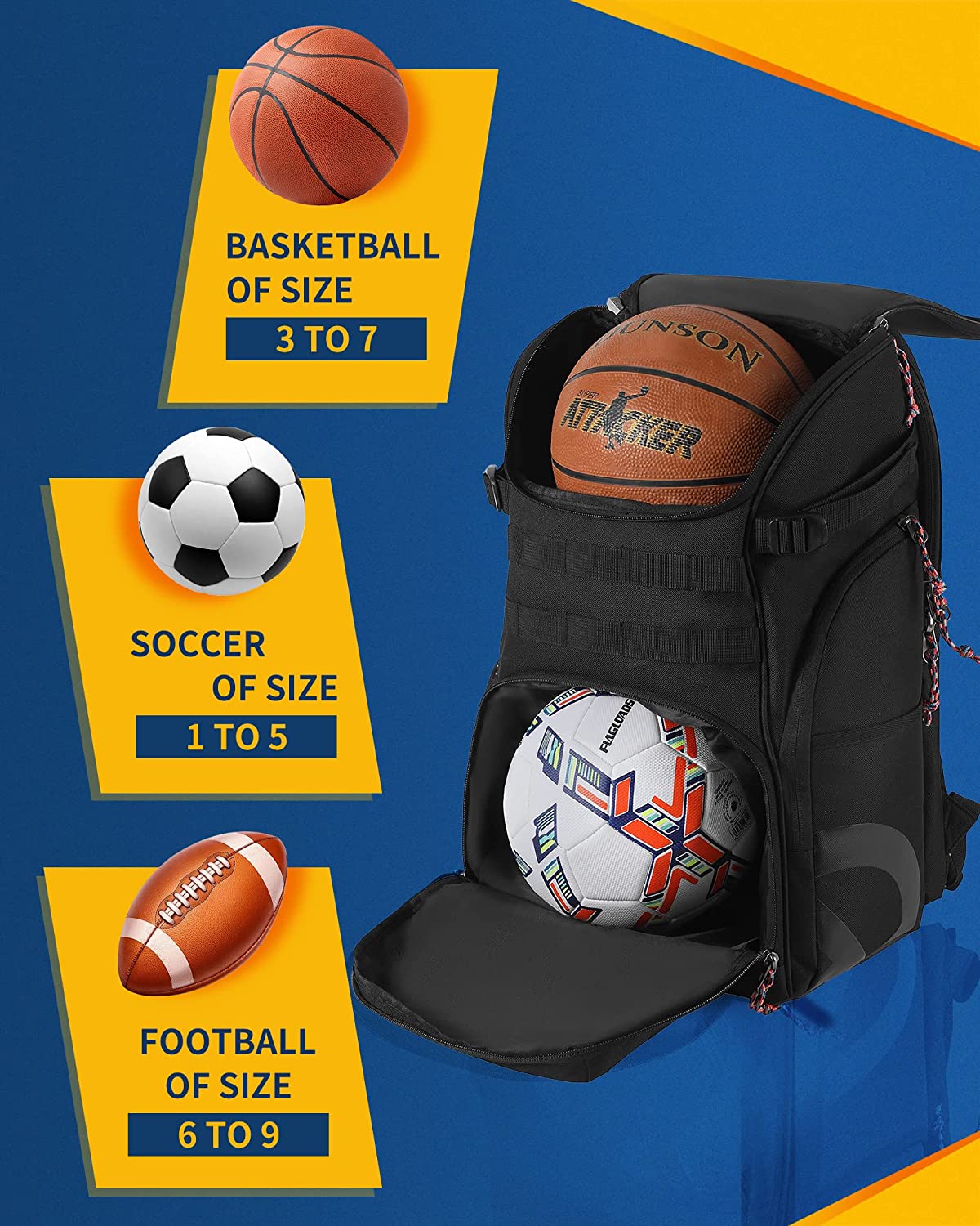 TRAILKICKER Large Basketball Backpack Bag with Ball Compartment and Shoe Pocket Outdoor Sports Equipment Bag Black Tk