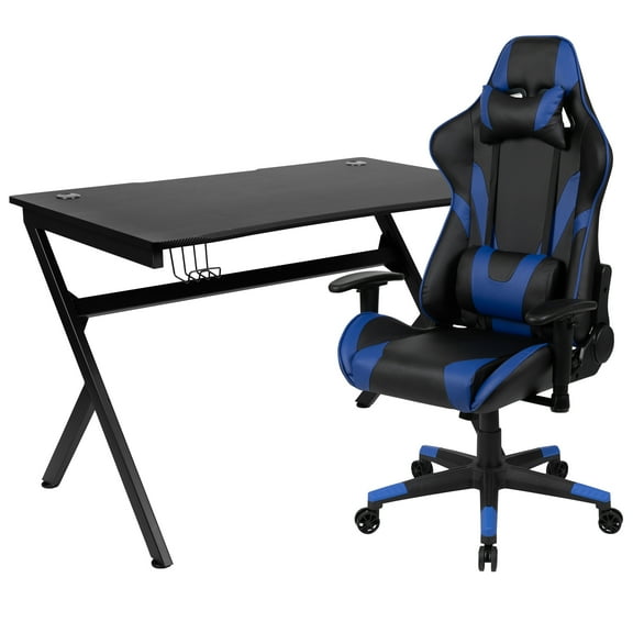 Flash Furniture Optis Black Gaming Desk and Blue/Black Reclining Gaming Chair Set with Cup Holder, Headphone Hook & 2 Wire Management Holes