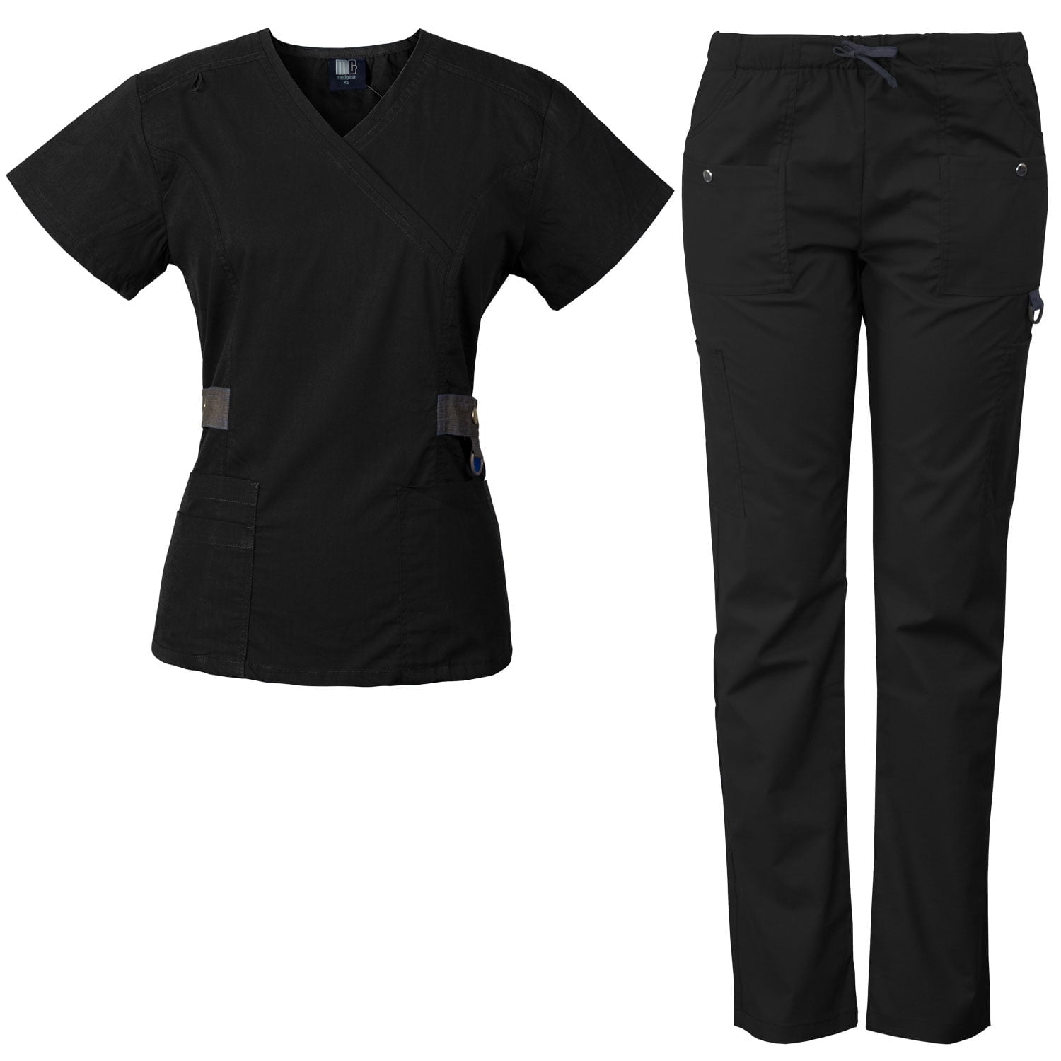Medgear Women's Scrub Set with 12 Pockets, Silver Snap Detail & Contrast Trim
