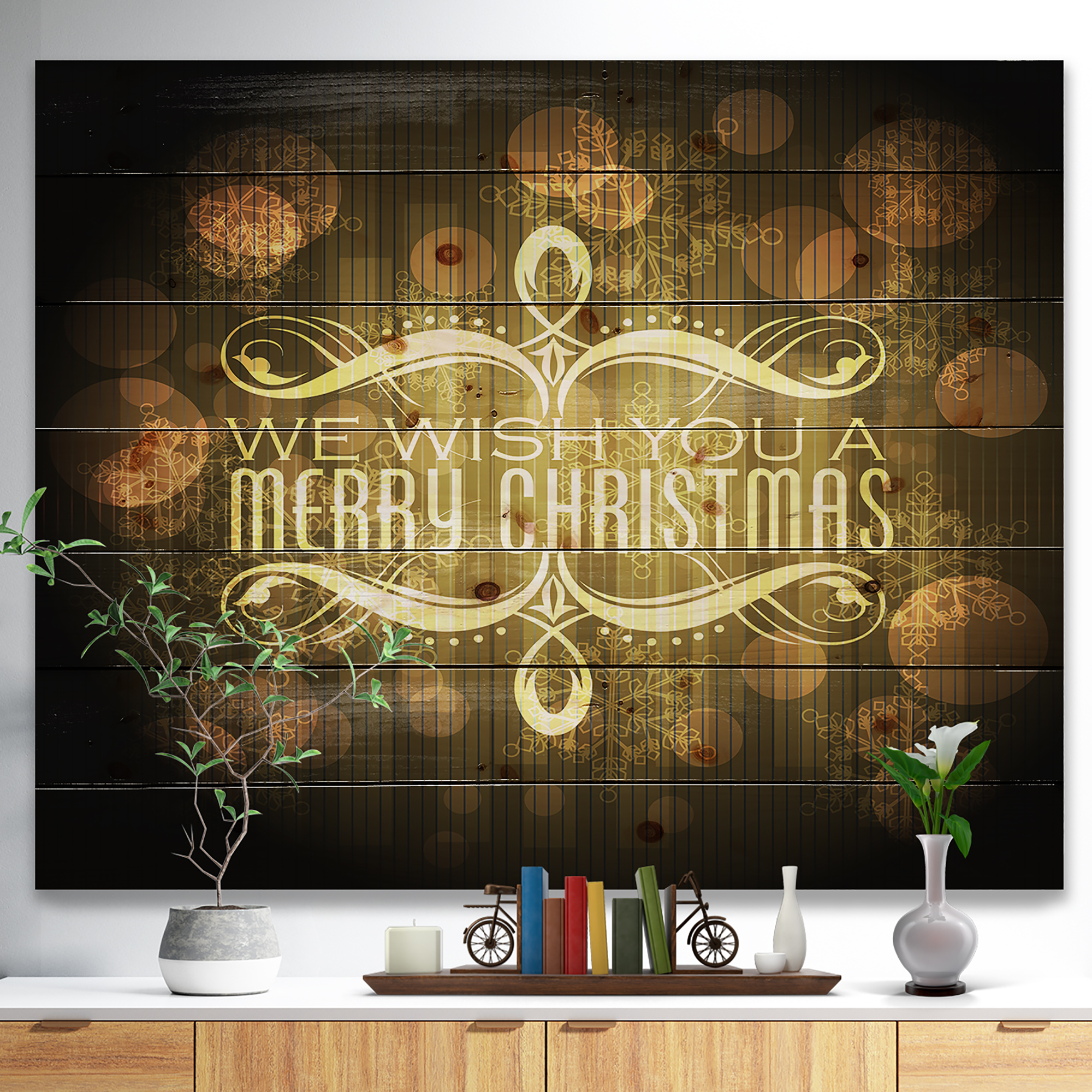 Designart 'Stylish Merry Christmas Wish on Yellow and Black' Print on Natural Pine Wood