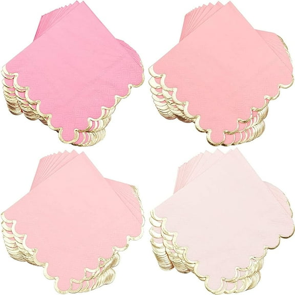 BZUEPRS 100 Pack Pink Scalloped Cocktail Napkins with Gold Foil Accents for Bridal and Baby Shower (3-Ply, 5 x 5 In)