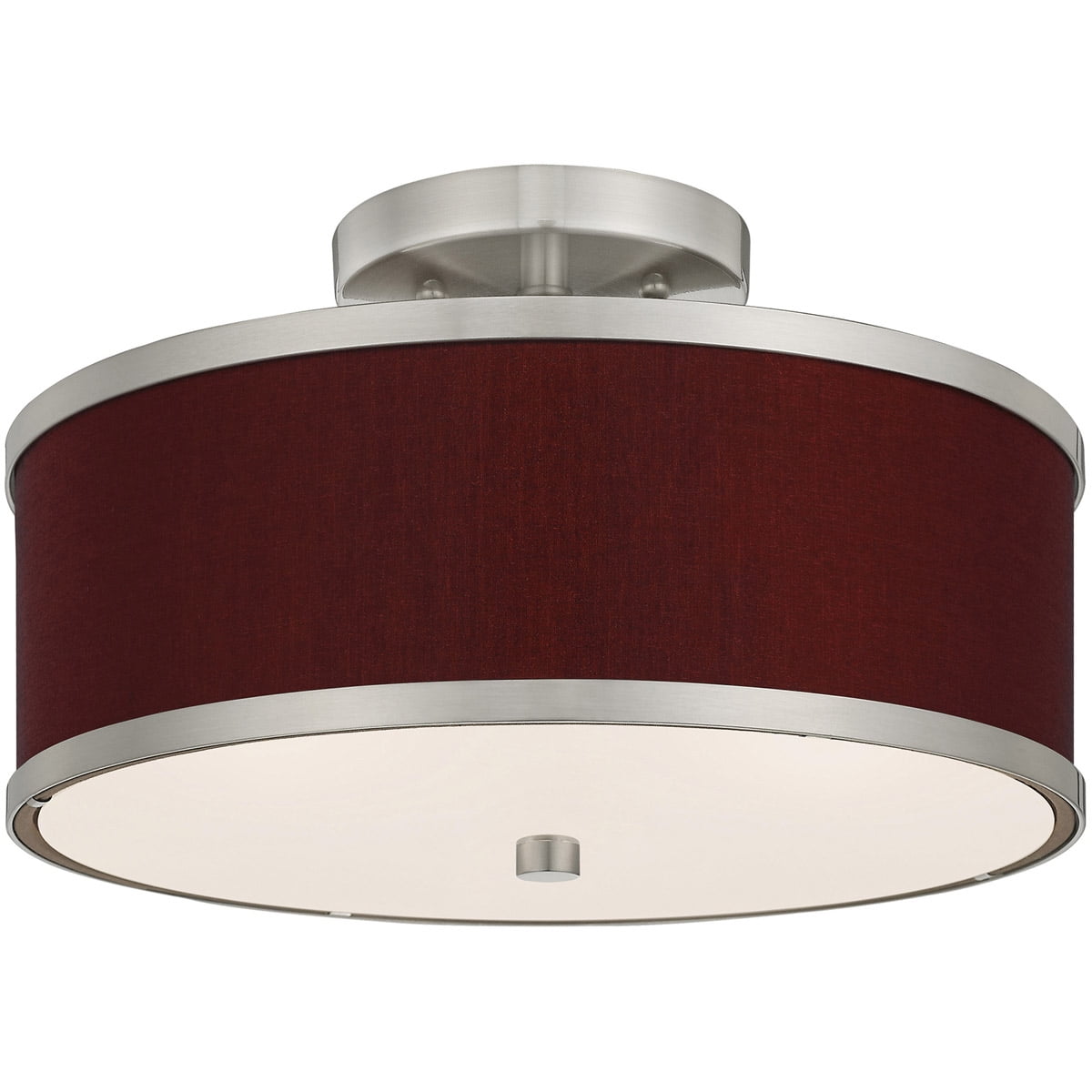 2 Light Brushed Nickel Ceiling Light fixture with Hand Crafted Red Wine Fabric Hardback Shade