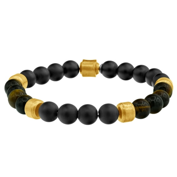 Arista Men's Genuine Onyx and Tiger Eye Beaded Bracelet in Gold Plated Stainless Steel, 8"