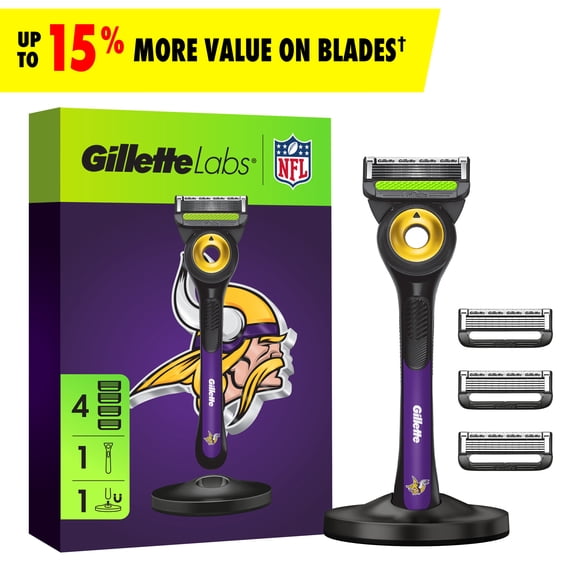 Gillette Labs Official Vikings Licensed Razor for Men, Perfect for Game Day Grooming, Gillette Labs with Exfoliating Bar, 1 Handle, 4 Blade Refills, with Magnetic Stand