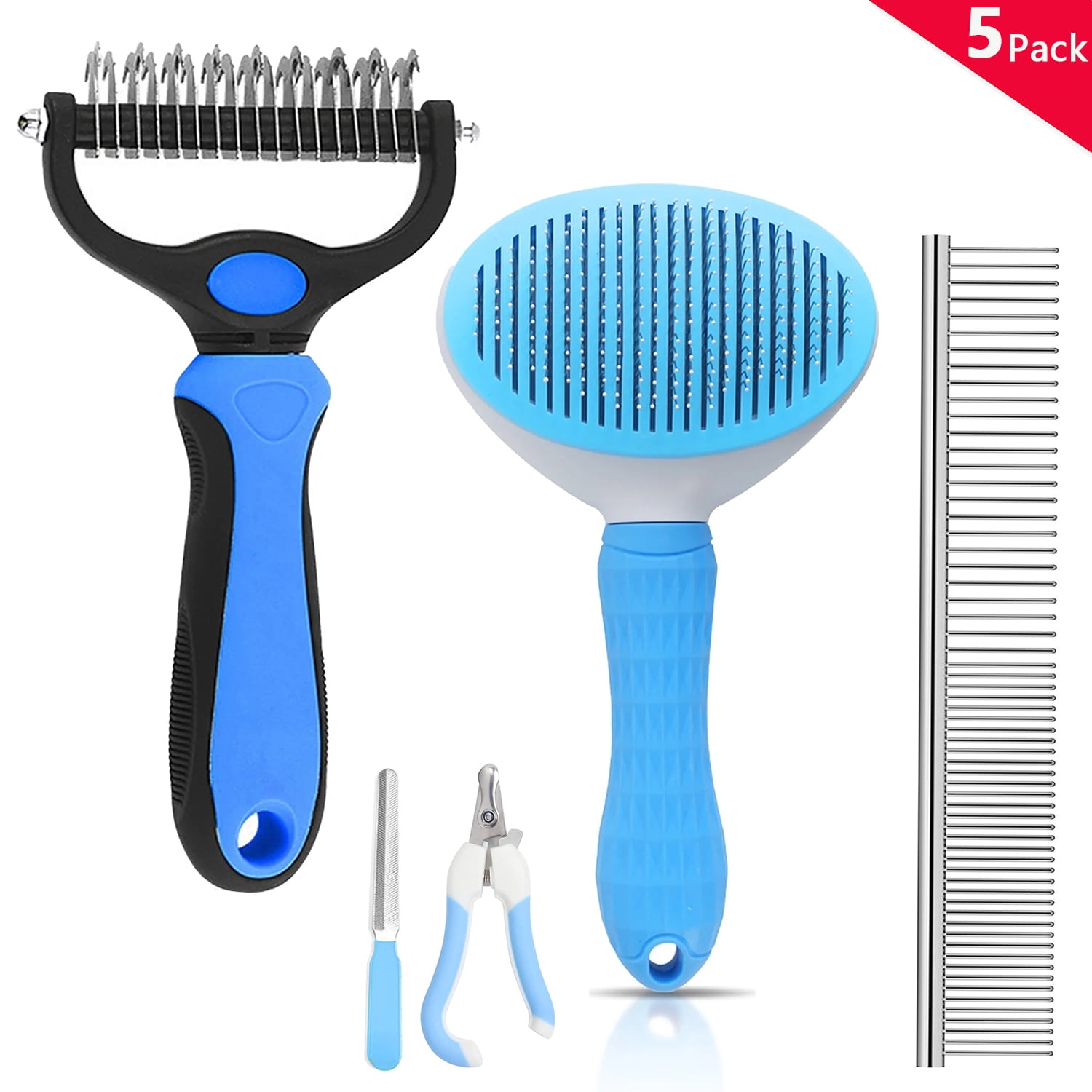 5-Pack Dog Brush, Pet Grooming Rake for Dogs and Cats, Self-Cleaning Dematting Pin Slicker Brush Comb & Nail Clipper, Deshedding Tool for Daily Grooming