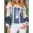 thumbnail image 2 of Blusa vaquera lavada con retazos de encaje a la moda, camisa de verano para niña y mujer, camisas ajustadas de manga larga con cordón y hombros descubiertos, 2 of 4