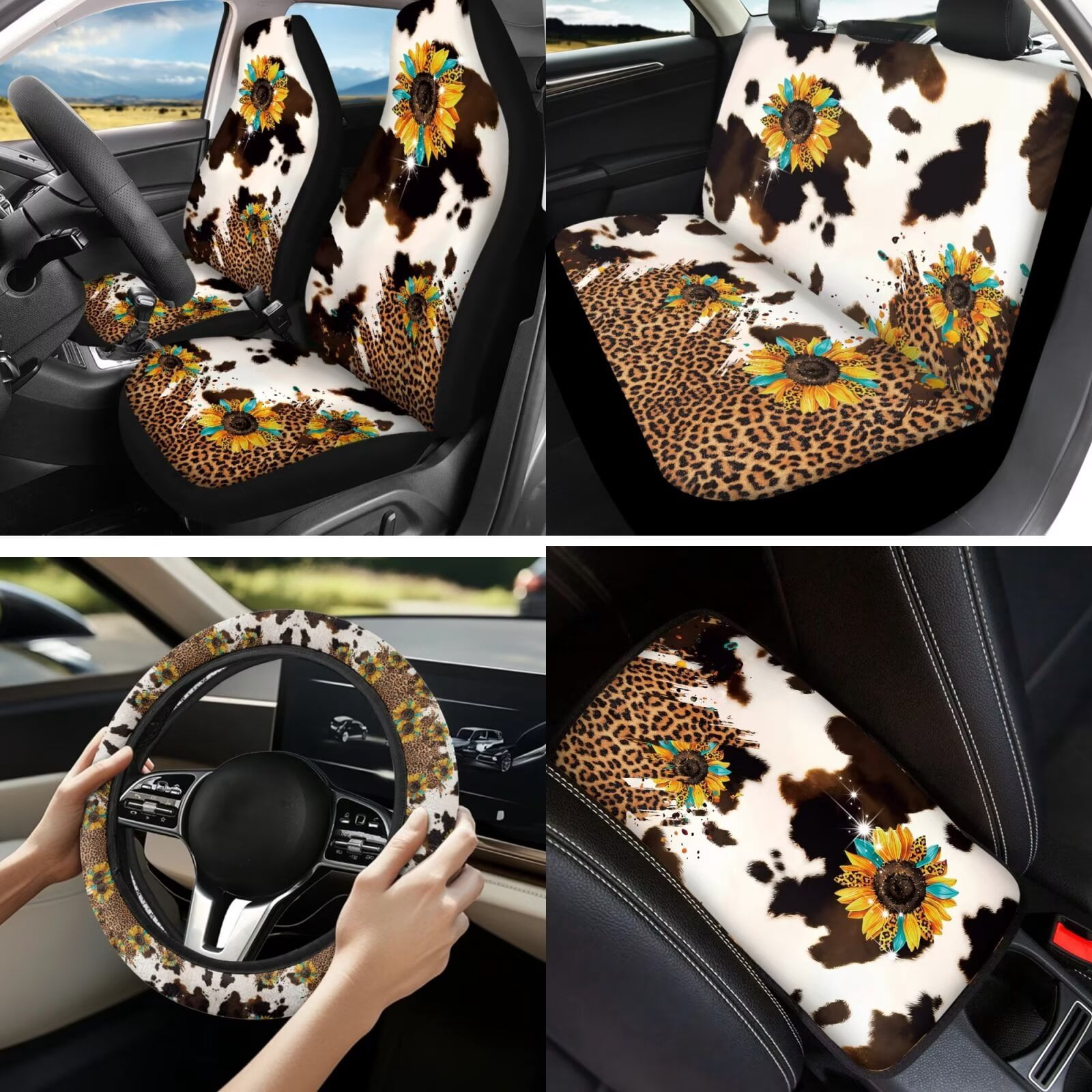 Garronmavis Aztec Sunflower 13 PCS Car Seat Cover Full Set Car Front Rear Seat Covers Steering Wheel Cover,Key Chain,Chapstick,Car Coasters,Seat Belt Pads