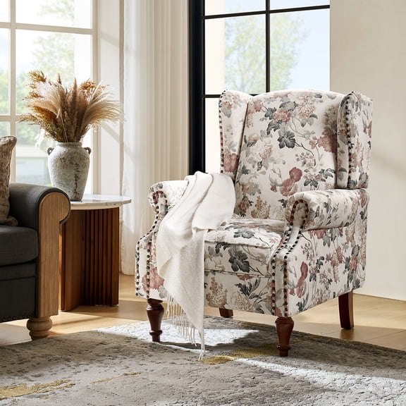 Tina's Home Wingback Accent Chair with Floral Pattern, Traditional Fabric Armchair Nailhead Trim Wooden Legs for Living Room Bedroom
