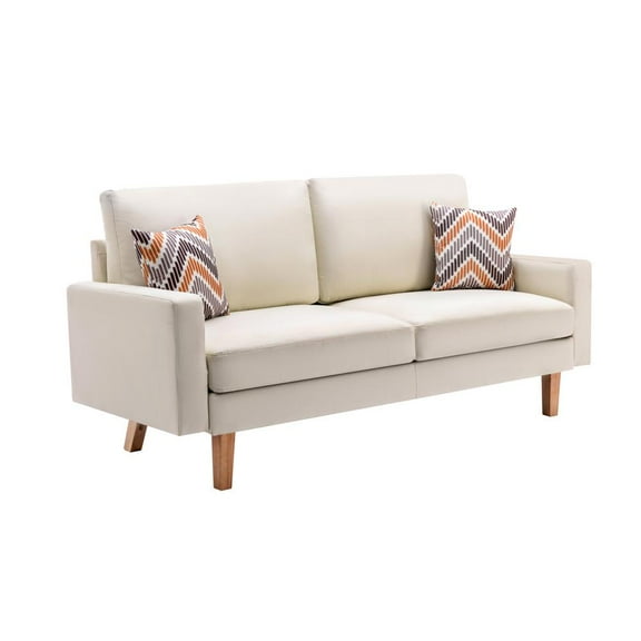 Bahamas Beige Linen Fabric Sofa with Square Arms and 2 Throw Pillows