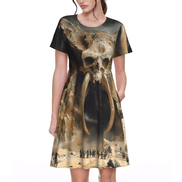 Disketp Ancient Skull Cave Landscape para Vestido de Manga Corta para Mujeres, Vestidos de Verano para Mujeres, Casual y Holgado para la Playa