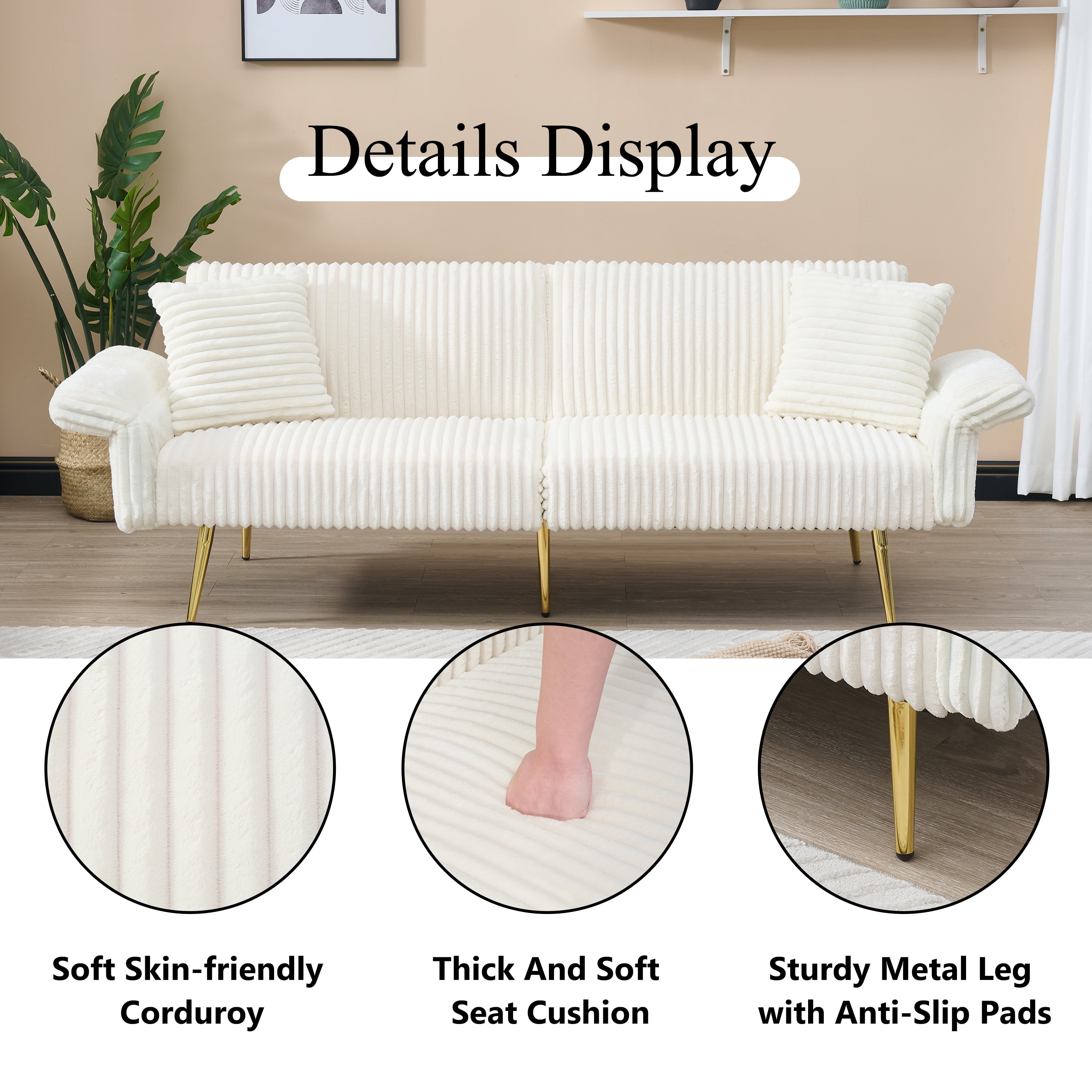 BSHTI 79 inch Corduroy Sofa Bed, Foldable Double Sofa Couch with Folding Armrests, Modern Sofa Couch Suitable for living rooms and small spaces