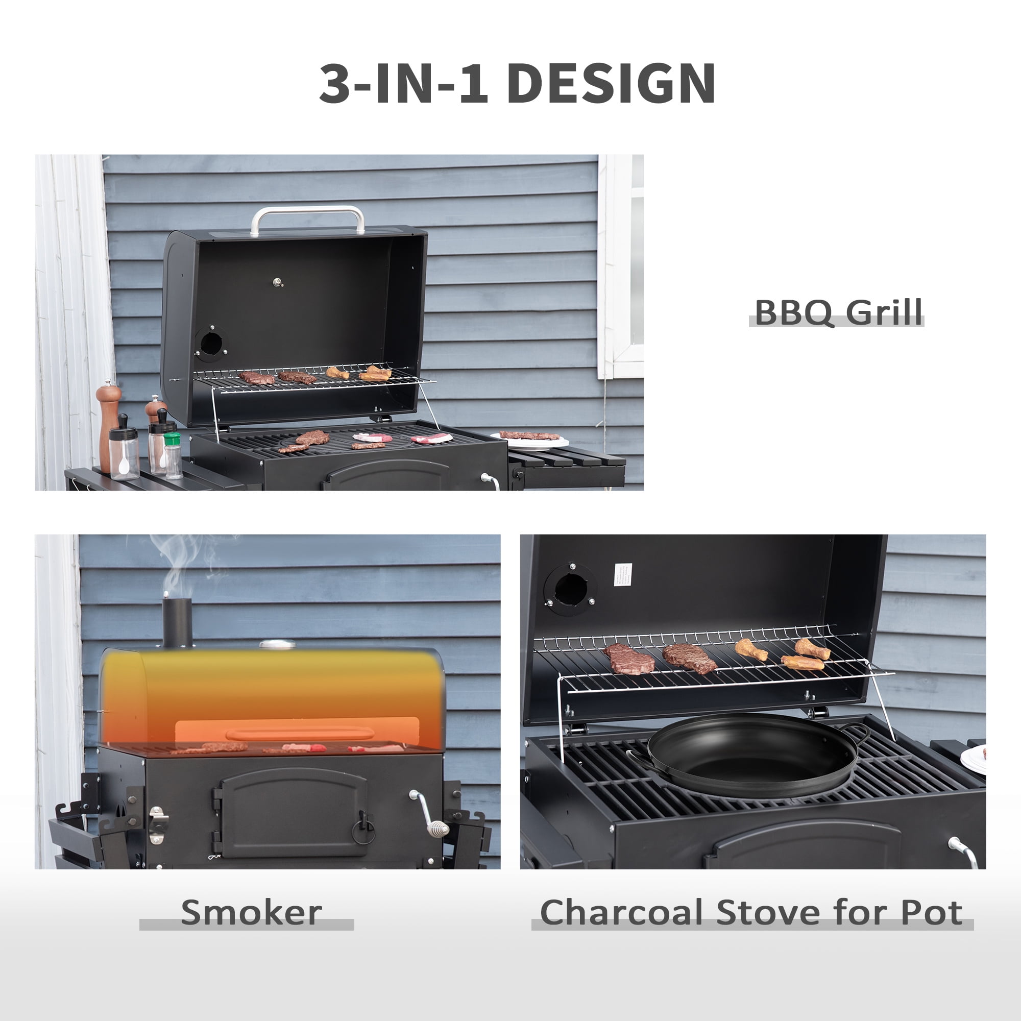 Outsunny 26" Charcoal Grill with Side Table, Bottom Shelf and Adjustable Height