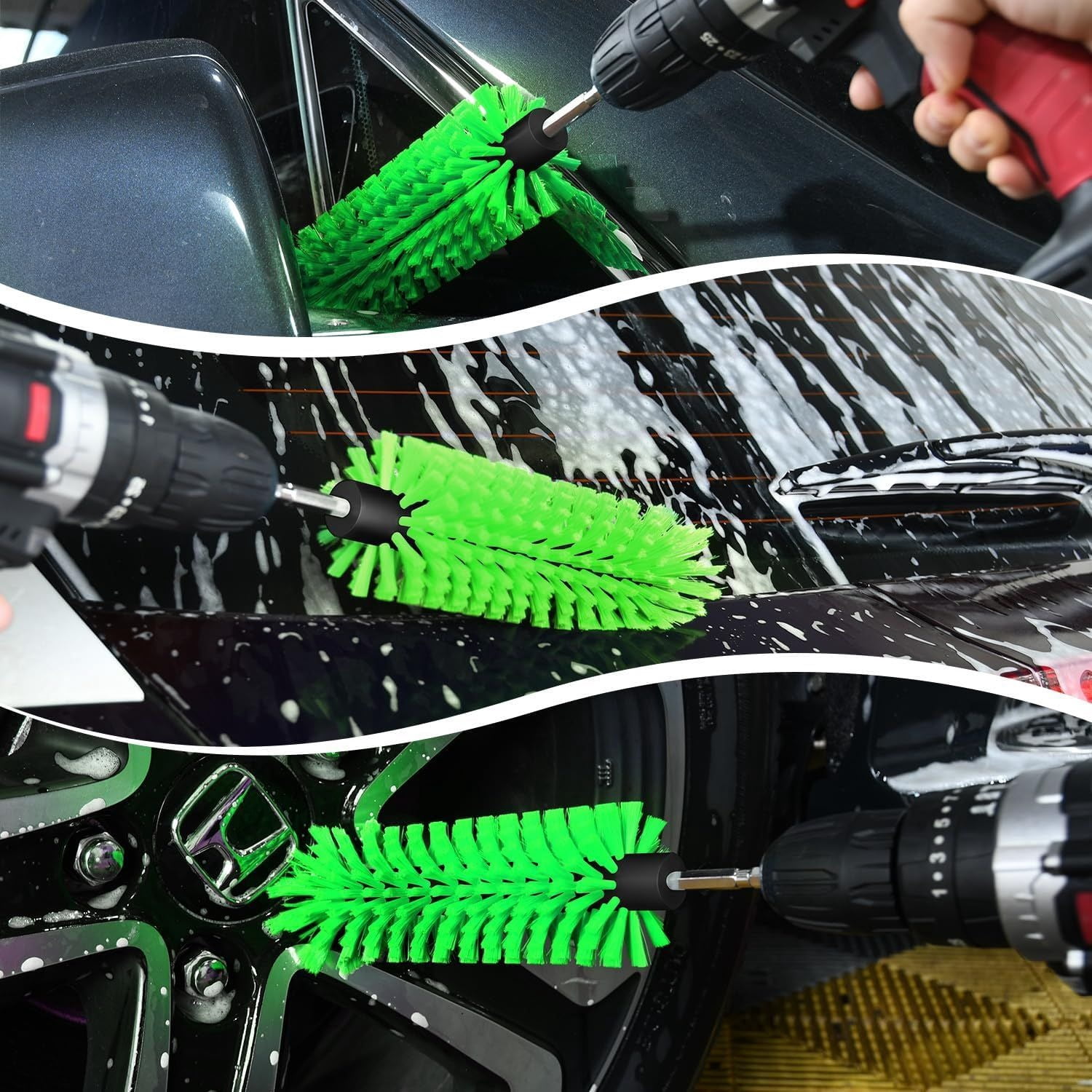 Green Drill Brush for Car Wheel and Bottle High Density Nylon Cleaning Brush for Wheels Rims Engines Exhaust