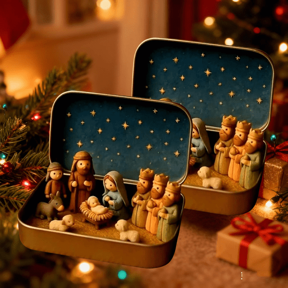 2 PCS Mini Christmas Nativity Set in Tin Box,Portable Pocket Christian Family Scene,Hand-Painted Resin Figurines,Religious Easter Decor Gift for Home Travel,3.5x2.5x1 Inch